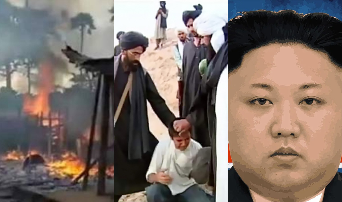 왼쪽부터 올해의 최대 박해국 나이지리아의 한 마을이 공격을 당해 불타고 있는 모습, 최대 박해단체 탈레반이 반 탈레반 활동가를 학살하는 모습, 최대 박해자 김정은 북한 국무위원장
