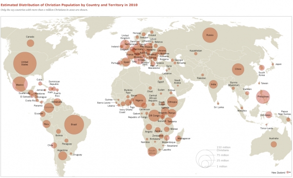 100만 이상 기독교인이 있는 115개국을 표시한 지도(2010년 통계)