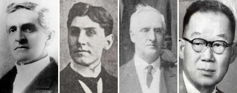 배재학당의 역대 교장. 1대 아펜젤러 선교사, 2대 하운젤 선교사, 3대 벙커 선교사, 4대 한국인 최초 교장 신흥우