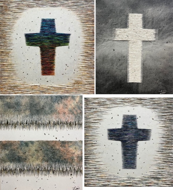 십자가를 주제로 입체감 있게 표현한 한지공예 작품