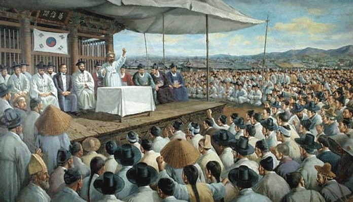 만민공동회 기록화. 만민공동회는 배재학당 학생들을 중심으로 조직되어 조국의 독립과 개화를 위해 활동했다.