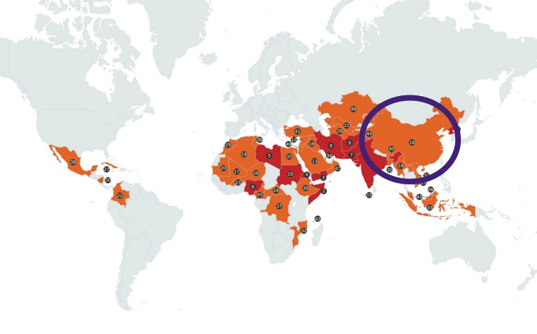 중국과 권위주의 국가들을 표시한 기독교 박해지도
