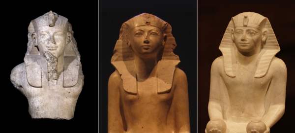 (맨 왼쪽)고대 이집트 최초의 여성 통치자 하트셉수트 흉상 (가운데)이집트 역사상 가장 효과적이고 인상적인 군주 투트모세 3세 흉상 (맨 오른쪽)이집트 제18왕조의 아홉 번째 왕 아멘호텝 3세 흉상