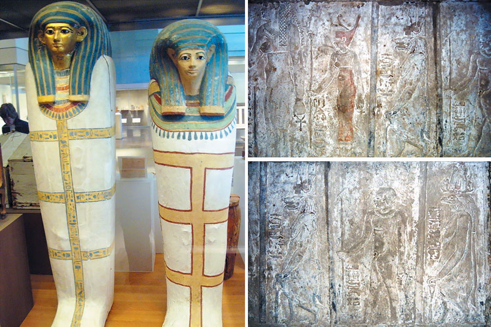 (왼쪽) 메트로폴리탄 미술관에 있는 라모스와 하트노퍼의 관 (오른쪽 위) 주황색이 핫셉수트 (오른쪽 아래) 세넨무트(모세)