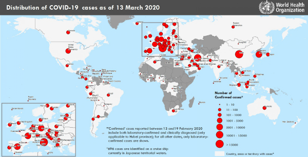 2020년 3월 13일 현재까지 확인된 전 세계 코로나19 확진자 분포